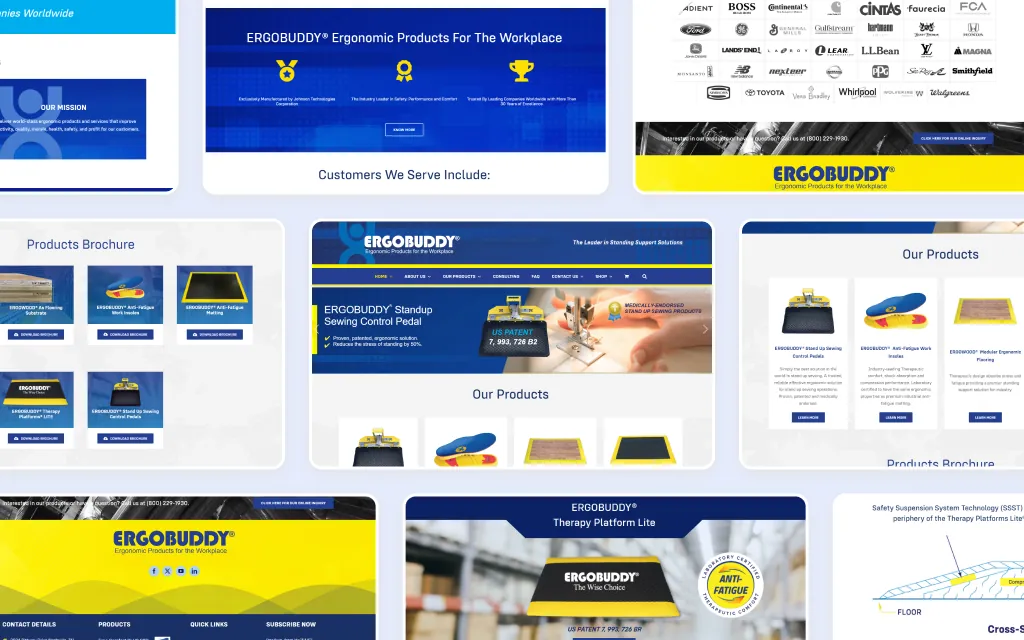 Ergobuddy product detail page with 360 view and benefit callouts