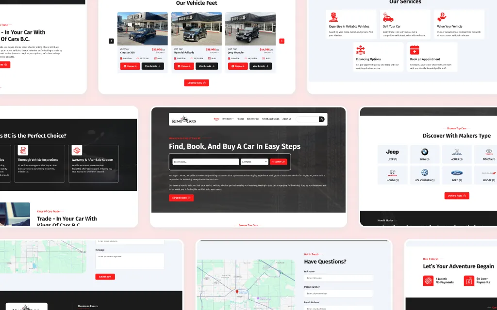 King of Cars inventory grid with filters and pricing